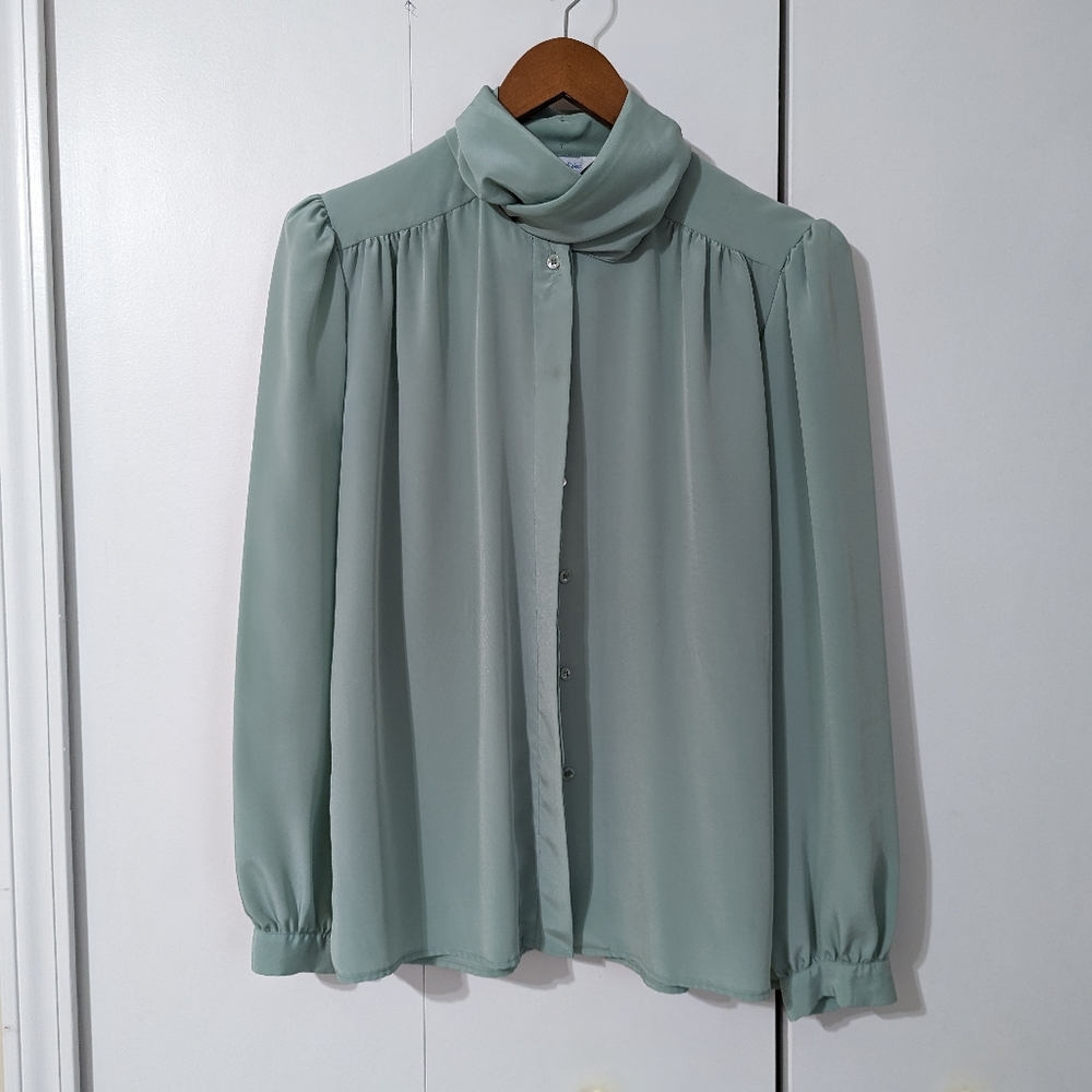 Vintage Light Teal Button Neck Wrap Long Sleeve Size 12